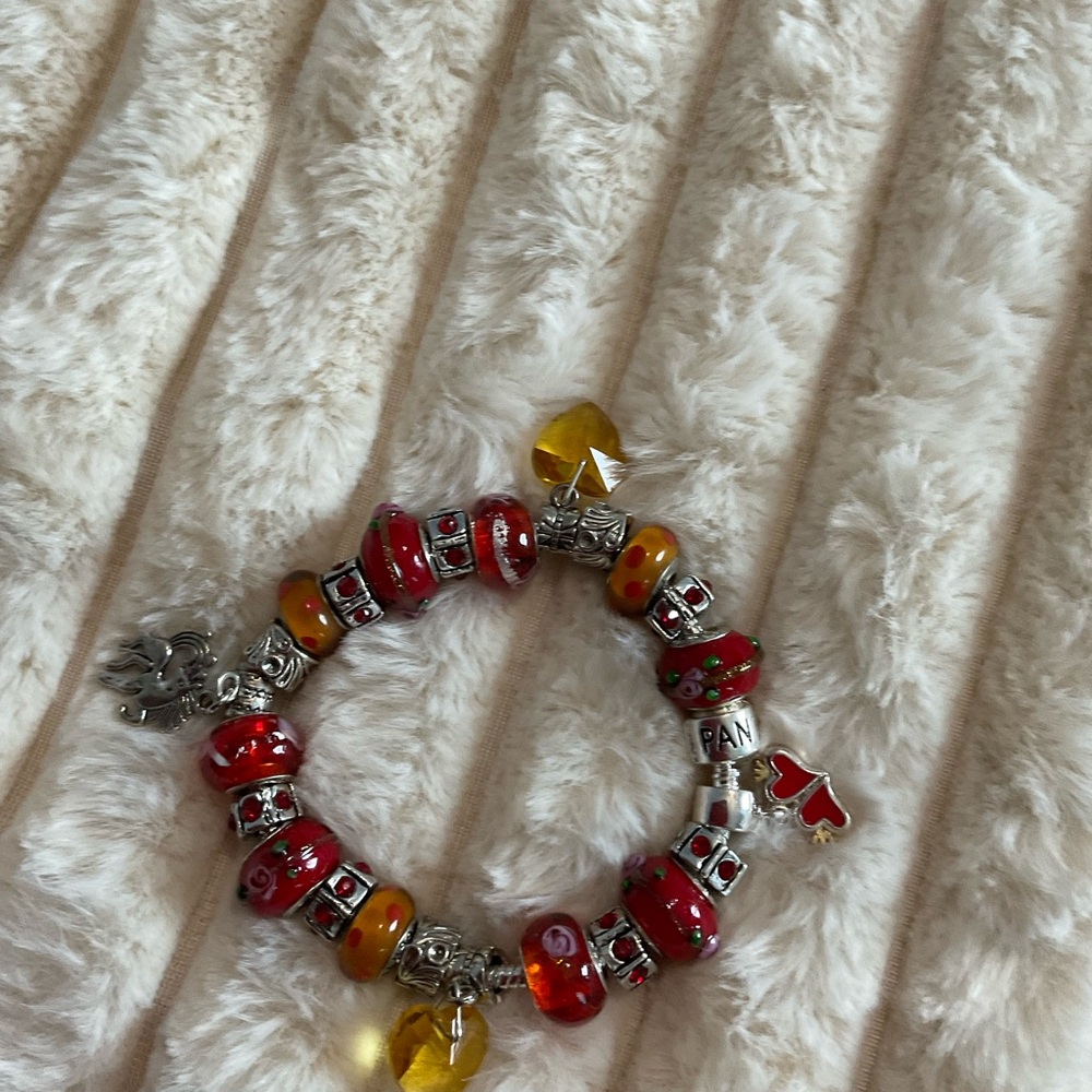 Red and Yellow Beaded Charm Bracelet with Heart Accent